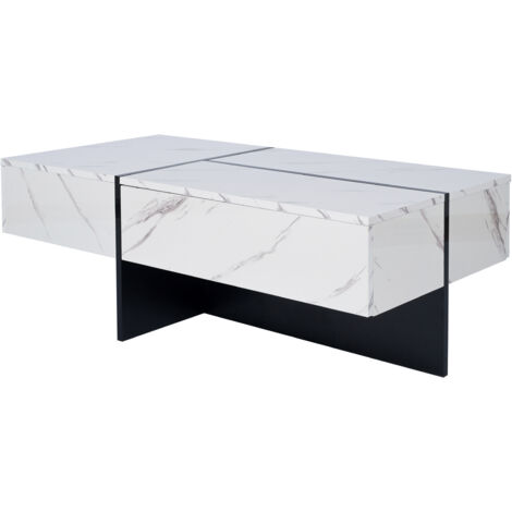 2-in-1 runder MDF-Couchtisch, Beistelltisch mit glänzender Platte und 1 weißer Marmorplatte, Wohnzimmer-Couchtischkombination mit 2 Schubladen, 707046 + 505040 cm