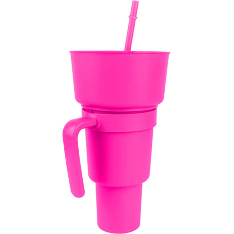 2-in-1-Snackbecher mit Strohhalm – Große Öffnung für Getränke und Snacks – Ideal für Kino, Zuhause und Reisen – Rosa