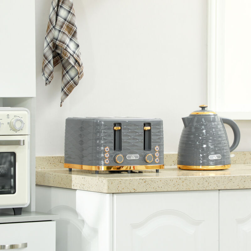 Pzcc Grau 2-In-1 Toaster Und Wasserkocher Set, 7 Bräunungsstufen, Auftau- Und Aufwärmfunktion,