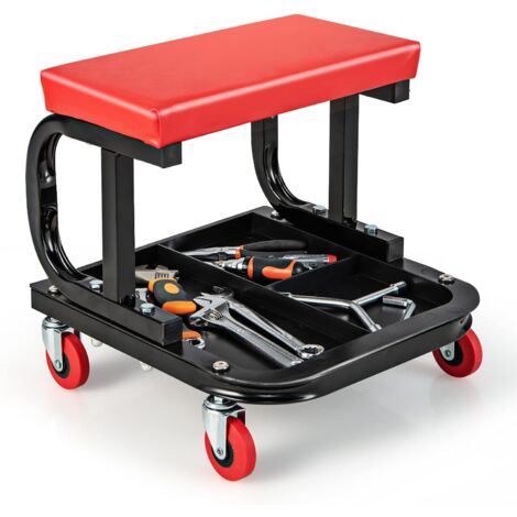 2 in 1 Workshop Stool with Padded Seat, Tool Tray, Casters, for Repair, Garage, Tool Storage, Load 150 kg