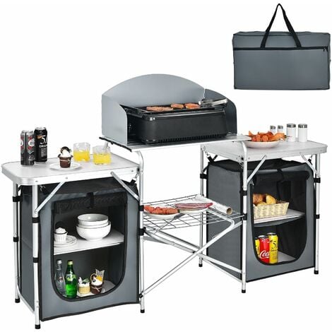 2 IN1 Folding Table Camping Kitchen Storage Aluminum Stand Table Cooking BBQ