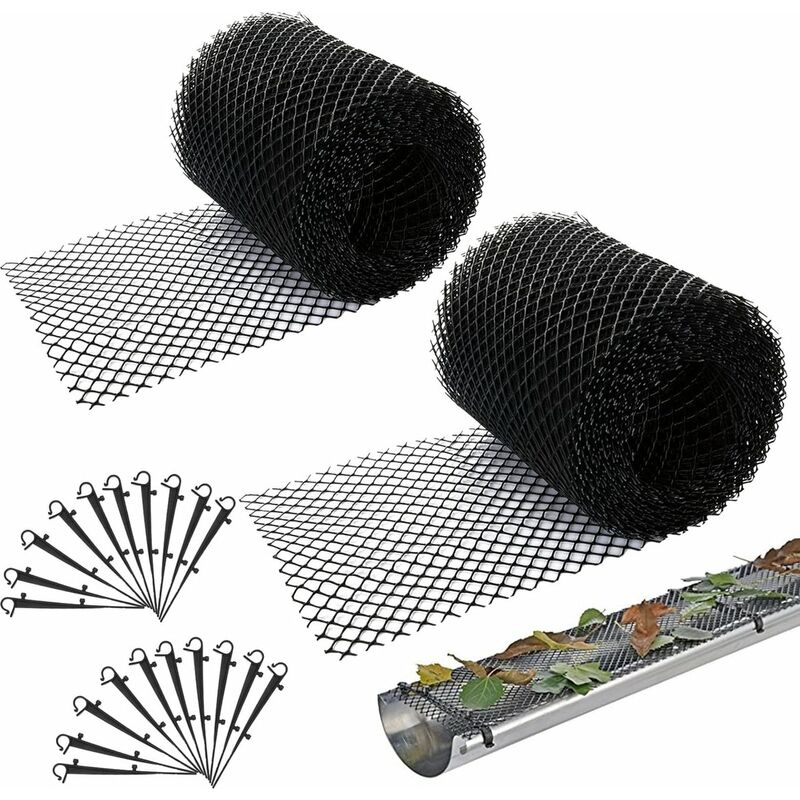 Choyclit - 2 jeux de grilles de protection de gouttières, grilles de protection de gouttières avec 10 attaches auto-agrippantes, grilles de