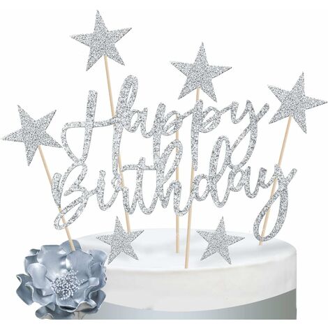 2 Kit Decoration Gateau Anniversaire Argent Fille, Décoration Ballon Gateau Femme Argent, Decor Gateau Happy Birthday Coeurs Étoiles pour Fête Anniversaire Homme Garçon Argent
