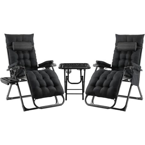 2 klappbare Garten-Loungesessel mit 1 Tisch, abnehmbare Sitz- und Kopfpolster, verstellbare Rückenlehne, schwarz