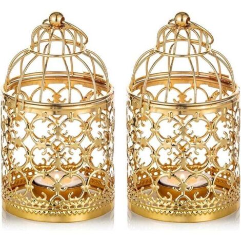 2 kleine hängende Vogelkäfiglaternen, Teelichthalter aus Metall, goldene Laternen für Kerzen, Vintage-Hochzeitsdekoration