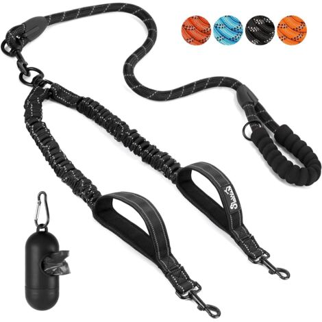 2 laisse double pour chien, poignées rembourrées, élastique 50-89cm, mousqueton 360°, bandes réfléchissantes, grands chiens
