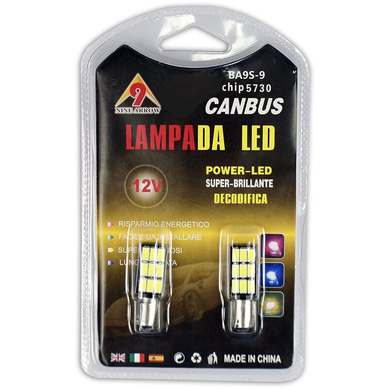 Image of Vetrineinrete - 2 Lampadine 9 led canbus auto no error luci targa fari interni BA9S 5730 12V chip5730