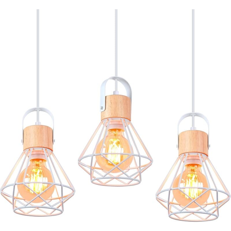 Wottes - Lampe Suspension E27 Vintage en Métal Cage et Bois Lustre Suspension Uisine Chambre Salon Luminaire Blanc - 3Pcs