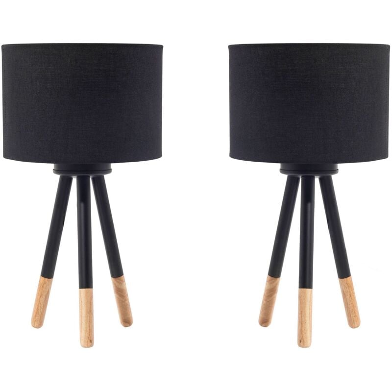 Beliani - 2 Lampes de Table ou Chevet Design Noires avec Petit Trépied en Bois et Abat-jour Cylindrique E27 Max 25W pour Chambre ou Salon Scandinave