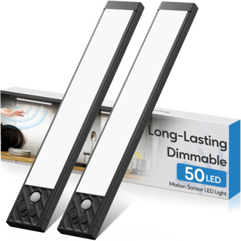 2 lampes d'armoire à capteurs 50 LED,Lumière Blanche,coque noir