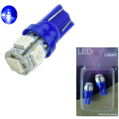 Комплект от 2 броя LED Лед Диодни Крушки За Габарит Т10 W5W 5 SMD 12V Синя Светлина в Блистер