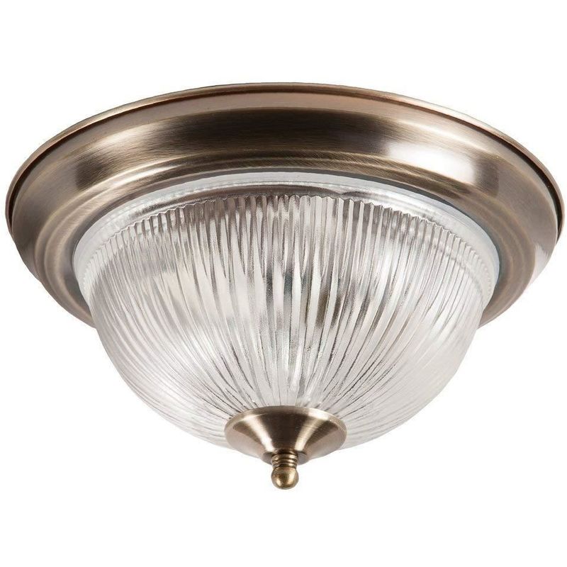 2 Light Antique Brass Ip44 Bathroom Flush Ceiling Light With Clear Ribbed Glass Shade