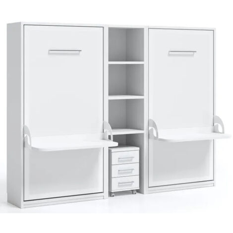 2 lits escamotables 140x190 avec bureau et étagère centrale Studante-Façade Blanche