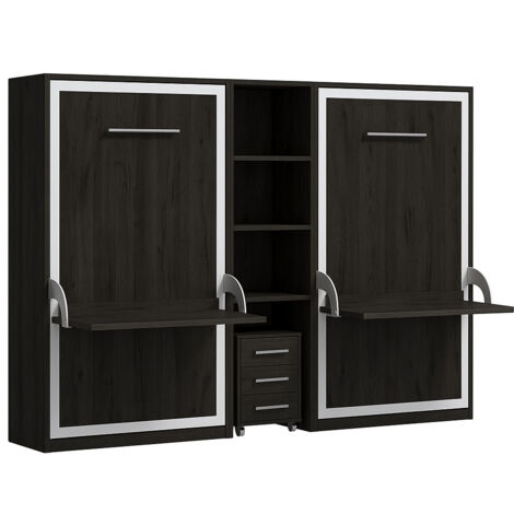 2 lits escamotables 90x190 avec bureau et étagère centrale Studante-Façade Carbone