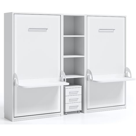 2 lits escamotables 90x190 avec bureau et étagère centrale Studante-Façade Chêne blanc