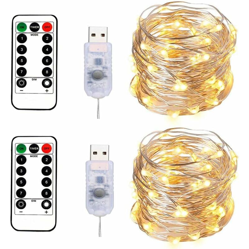 

2 luces de cadena 100 LED 10M Cable plateado blanco cálido, enchufe USB con control remoto Luz estrellada para decoración navideña Fiesta de bodas