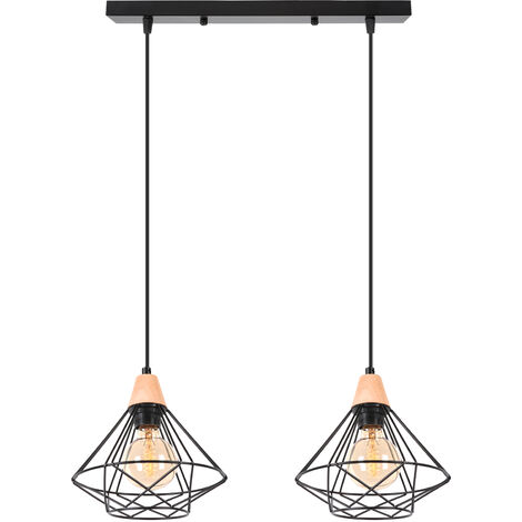 2 Luci Industriale Lampadario Forma di Diamante in Metallo e Legno E27 Lampada da Soffitto per Camera da Letto Soggiorno Sala da Pranzo Nero