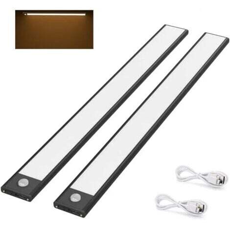 2 luci LED per armadio, 40 cm, wireless, ricaricabili tramite USB, magnetiche, con sensore di movimento, 3 modalità di illuminazione, portatili, luce per armadio, bianco caldo 3000 K, nero [classe ene