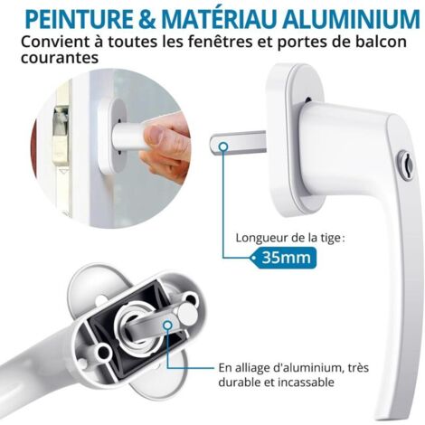 2 maniglie per finestre e porte da balcone in alluminio bianco con serratura a chiave, complete di 4 viti e 4 chiavi, adatte a tutte le finestre e porte da balcone più comuni.