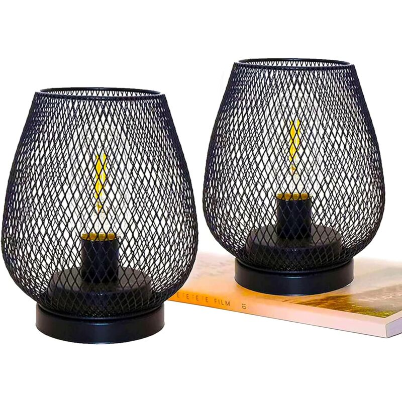 Einemgeld - 2 Metal Cage Table Lamp Battery Powered, Cordless Accent Light with led Edison Style Bulb for Bedroom Home Weddings Parties Patio Indoors