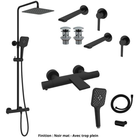 2 Mitigeurs lavabo +2 Bondes +Colonne de douche +Mitigeur Bain+Support douchette Couleur Noir mat Version Bonde avec trop plein