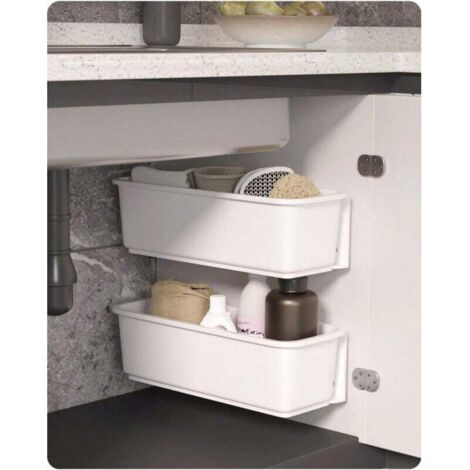 2 organisateurs de paniers d'armoires de cuisine, tiroirs de rangement coulissants en plastique, sous l'évier, organisateur d'armoire, tiroirs coulissants de cuisine, évier de salle de bain (blanc)