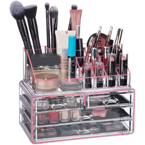 2 Organizadores Maquillaje en 2 Piezas, Fibra Acrílica, Almacenamiento Cosméticos, 19x24x13,5 cm, Transparente/Fucsia