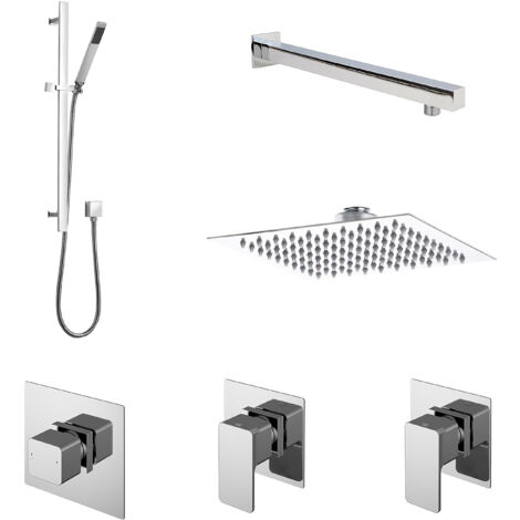 2 Outlet Concealed Valves Shower Bundle with Slide Rail Kit, Wall Mount Arm & Head - Chrome
