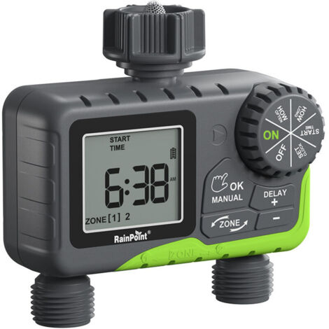2-outlet watering timer, automatic watering timer with brass pivot, rain delay/manual watering, lawn