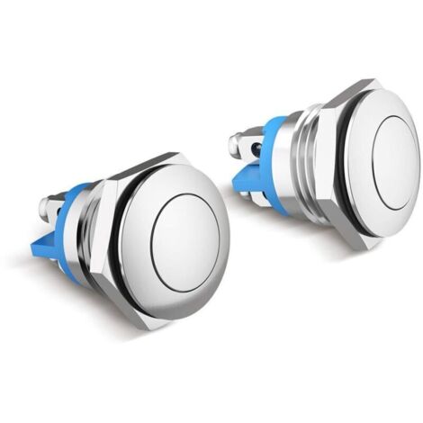 2 Pack 16mm Momentané Bouton Poussoir en Métal Commutateurs de Bouton Poussoir Etanche Acier Inoxydable on/Off Rond Plat Top Interrupteur Argent