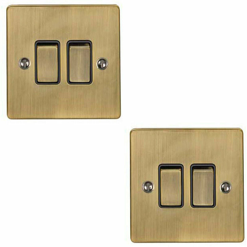 Loops - 2 pack 2 Gang Double Metal Light Switch antique brass 2 Way 10A Black Trim