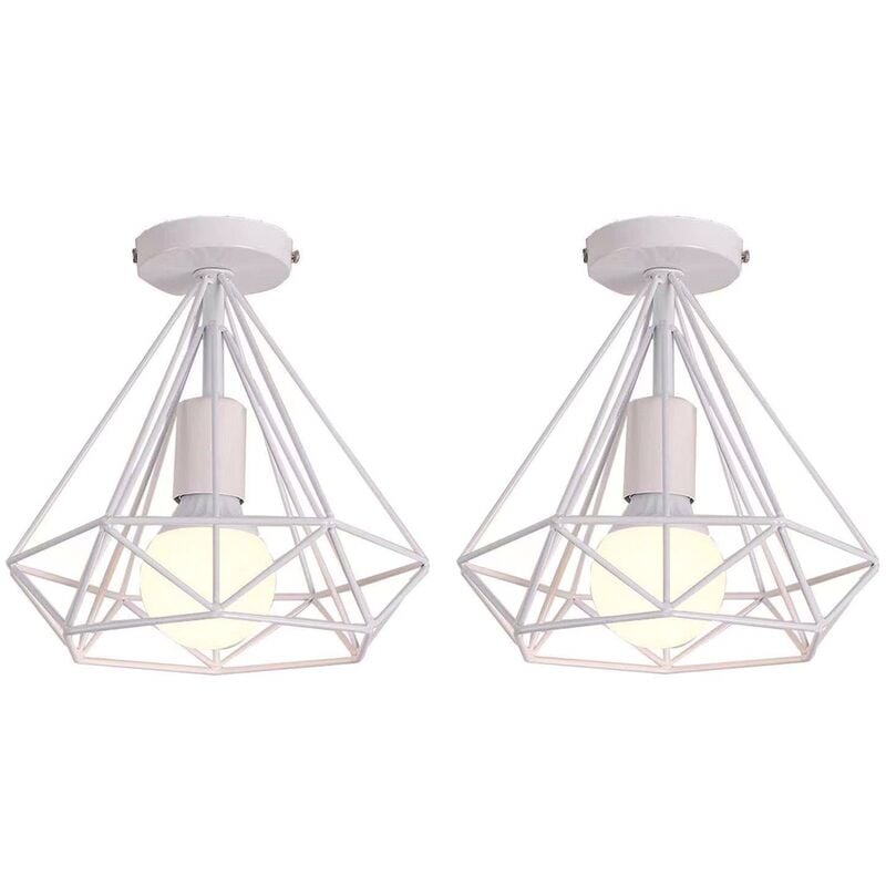 2 Pack 25cm Diamant Plafonnier Cage en Métal Rétro Industrielle Luminaire Blanc