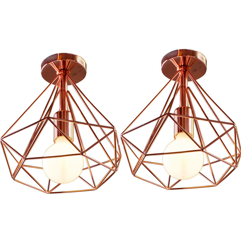 2 Pack 25CM Vintage Diamond Rose Gold Ceiling Lamp Metal Cage Industrial Ceiling Light Creative Chandelier
