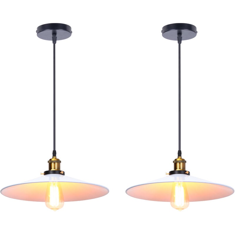 2PCS Rétro Lustre Suspension Industrielle 36cm Plaofnnier Fer Abat-jour en Métal Blanc
