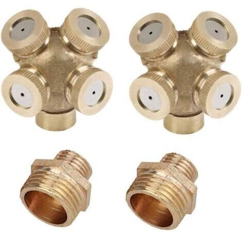 2 Pack 4 trous Buse de pulvérisation en laiton, Brumisateur Buse Jardin arroseurs Raccord de tuyau d'eau connecteur pour jardin