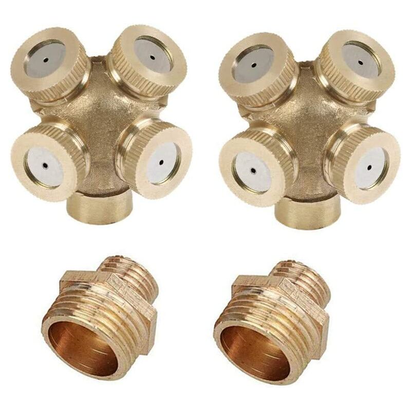 2 Pack 4 trous Buse de pulvérisation en laiton, Brumisateur Buse Jardin arroseurs Raccord de tuyau d'eau connecteur pour jardinage et agriculture