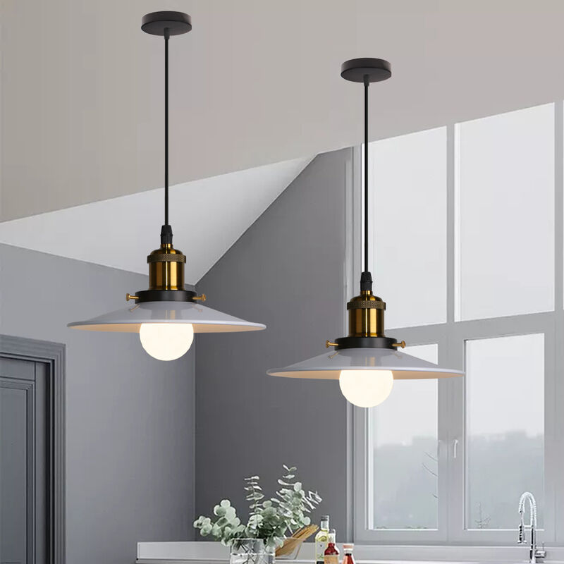 2pcs Decorative Pendant Light, Vintage Metal Hanging Ceiling Lamp, Retro Minimalist Chandelier with Ø26cm Lamp Shade (White)
