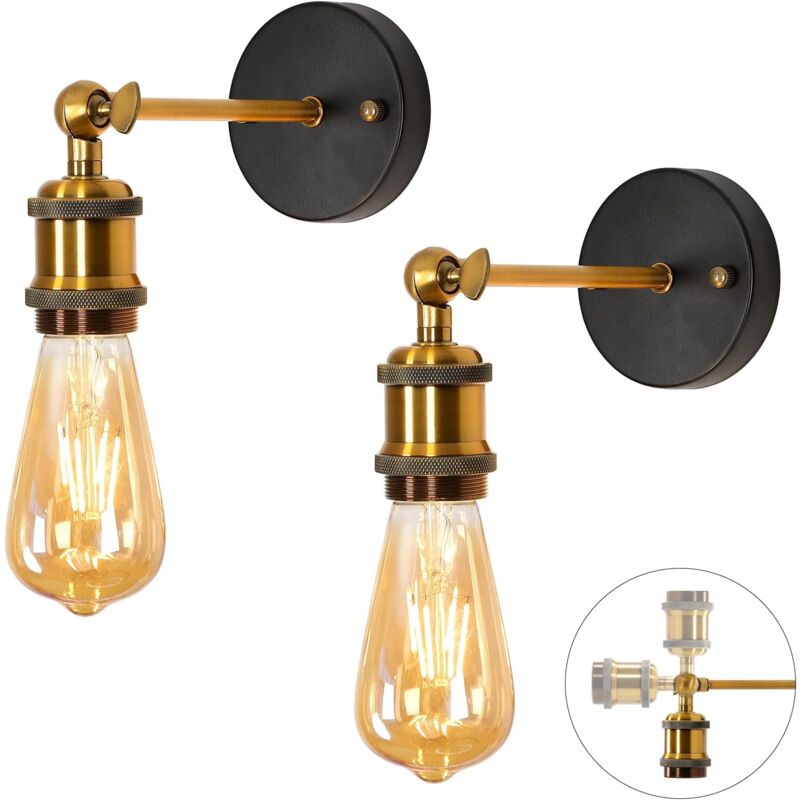 Goeco - 2 Pack Applique Murale E27 Vintage Industrielle, 270° Orientable Lampe Murale E27 Rétro en Métal, Or Appliques Murales Interieur pour