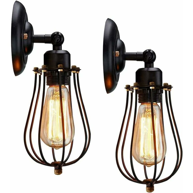 2 Pack Applique Murale Industrielle, Ajustable Rétro Metal Murale Applique Noir E27 Abat-jour Cage Lampe Murale, Vintage Supension Luminaire