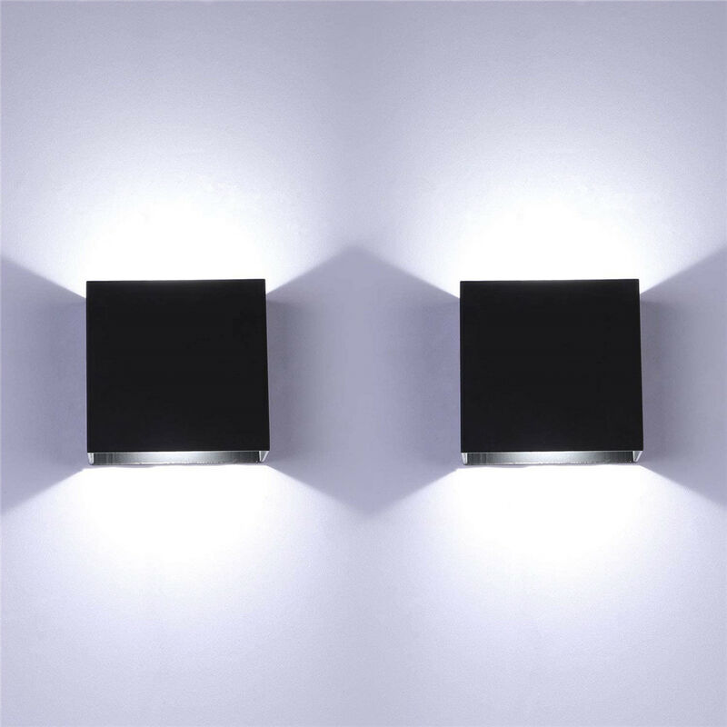 2 Pack Applique Murale Intérieur 6W 10x10x5cm led Lampe Mural Décorative Blanc Froid pour Chambre Couloir Salon Noir
