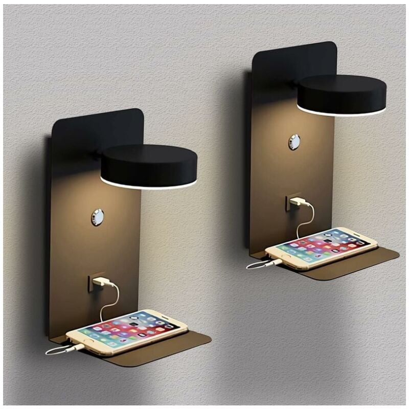 2 Pack Applique Murale Intérieur LED avec port USB 12W Tricolore Dimmable Lampe Murale moderne avec interrupteur Lampe De Lecture murale Rotatif 330°
