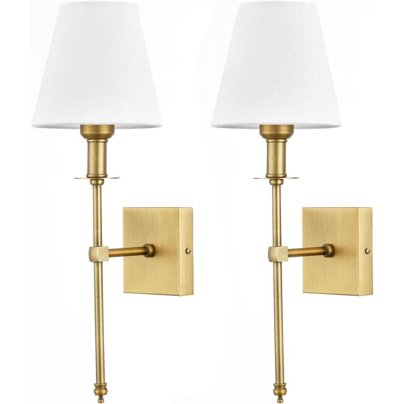 2 Pack Appliques Murales avec Abat-jour en Tissu Blanc, Lampe Murale Interieur Salle de Bain Métal Or, Classique Luminaire Applique pour Chambre