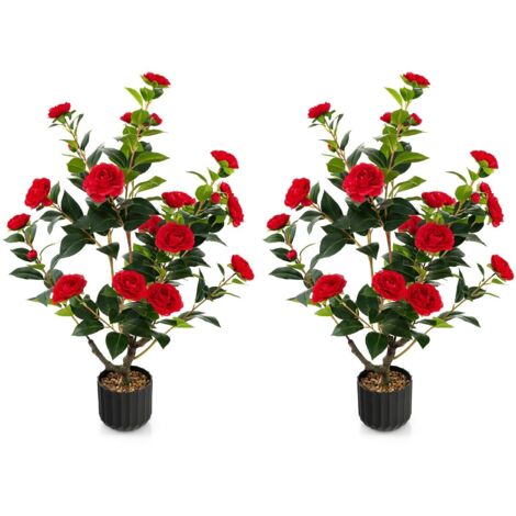 2 Pack Artificial Camellia Tree Faux Flower Plant Artificial Tree 24 Red Flowers