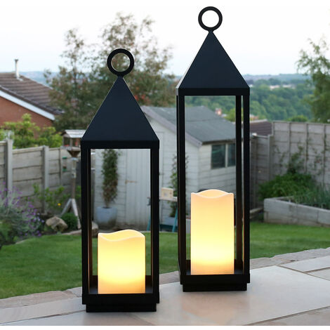 2 Pack Battery Power Large Outdoor Flameless LED Candle Lantern | Garden Patio Decoration - Black