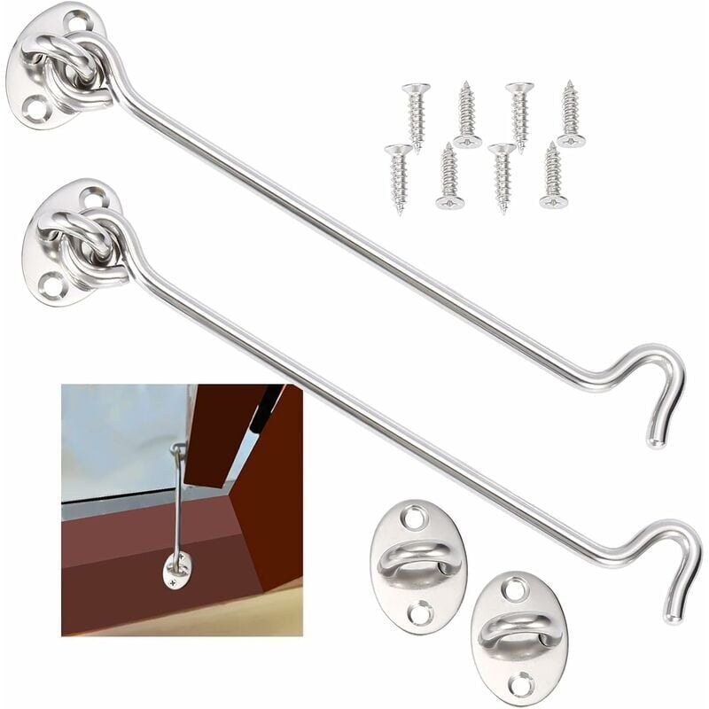 2 Pack Cabin Hooks, Door Locking Hooks, Silver Stainless Steel Door Hook Lock, with Mounting Screws, for Window, Barn Door, Shed Door, Garage Door,