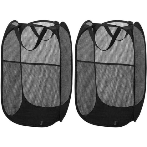 2 Pack Collapsible Mesh Laundry Basket, Foldable Laundry Hamper Durable Handles Portable Easy to Open and Fold [Black]