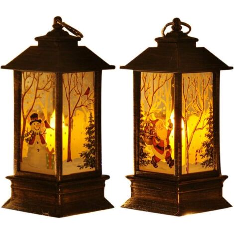2 Pack Decorative Vintage LED Christmas Lantern Hanging Battery Operated Warm White, Santa Claus, Christmas Snowman