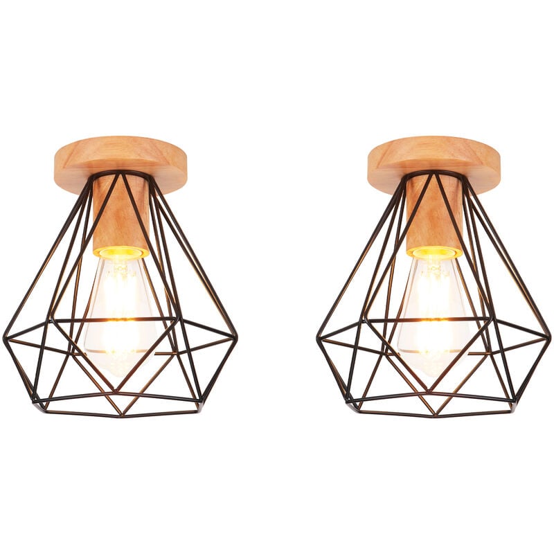 Axhup - 2 Pack Diamant Plafonnier Luminaire en Bois Lampe Plafond Vintage Rétro Industrielle Noir