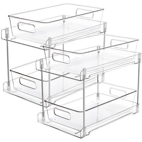 2 Pack Double Tier Clear Plastic Drawer Organizer Under Sink Sliding Drawers with Tray Multifunctional Storage Rack Drying Rack Spice Rack with Handle and Anti-slip Feet