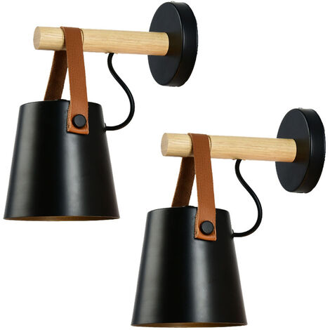 WOTTES 2 Pack E27 Wall Light Wooden Metal Leather Wall Lamp Shade Black Wall Sconce